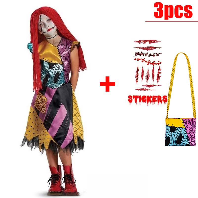 Kids Girls Boys Cosplay Christmas Eve Scary Ghost Bride Sally Skeleton Jack Dress Striped Halloween Character Dress Up Costume