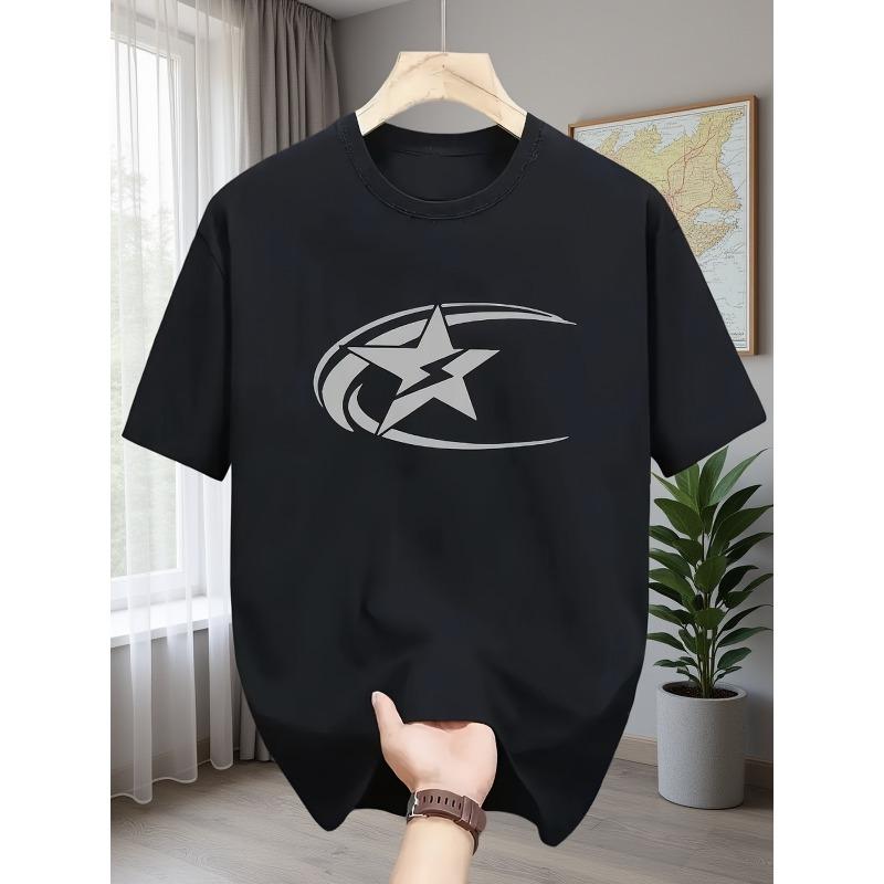 Trendy Sporty Style: White Casual Short-Sleeved T-Shirt with a Combination of Star And Arc Patterns with Lightning Elements