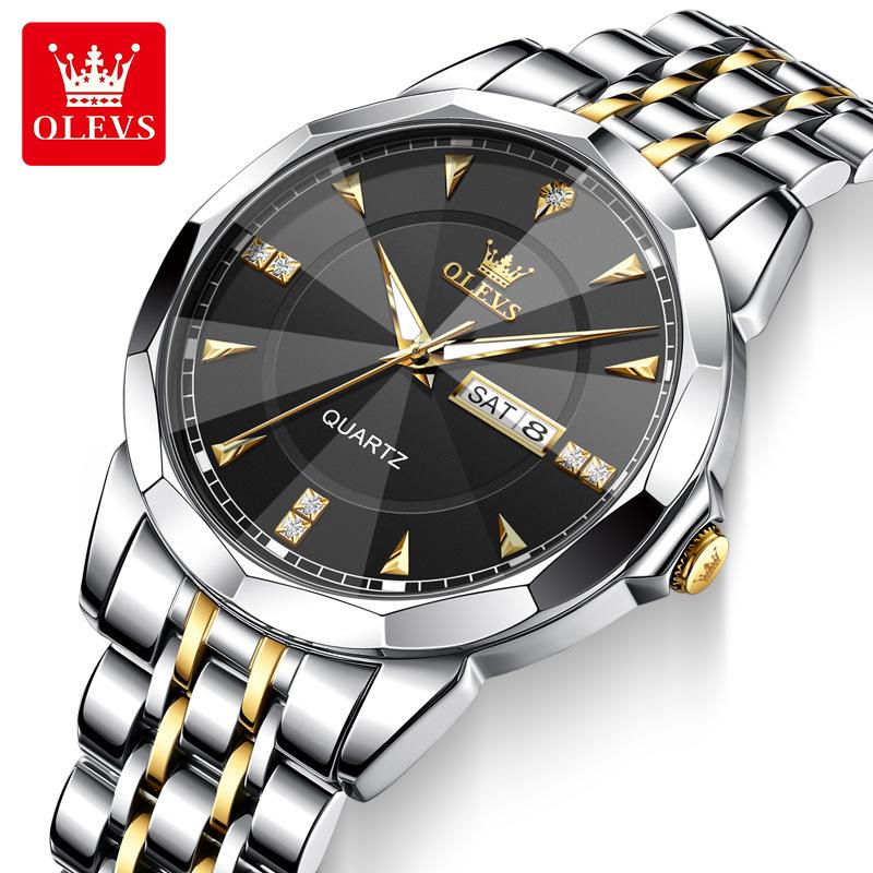 OLEVS Fashion Classic Dual Calendar Quartz Watch For Men Rhombus Mirror Luxury Wristwatch Waterproof Original Man Watches