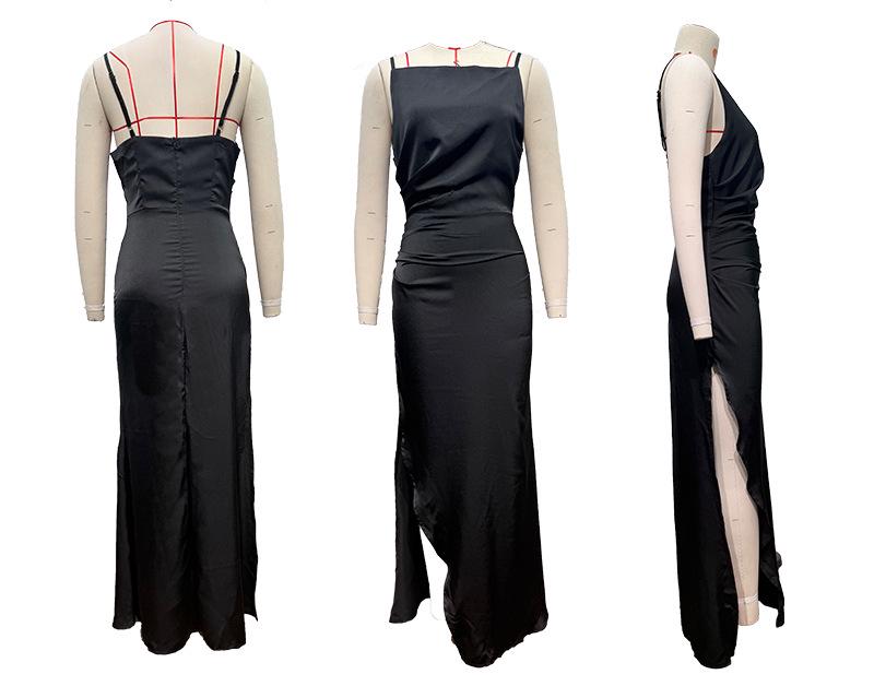 2025 Spring/Summer Women's Backless Slit Midi Dress with Spaghetti Straps