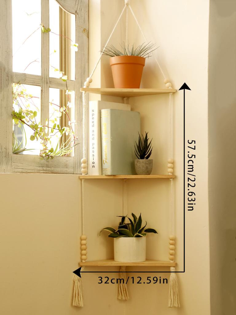 1/2/3-Layers Corner Shelf Wood Display Stand Boho Home Decoration Pastoral Style Macrame Handmade Floating Shelves Living Room