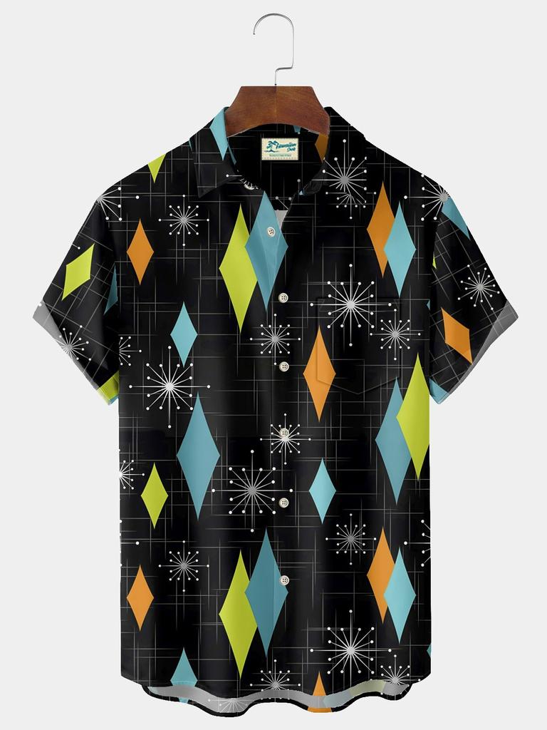 Sommer Herrenhemd mit 3D-Druck und geometrischer Kunstgrafik, Hawaii-Freizeithemden, kurzärmelig