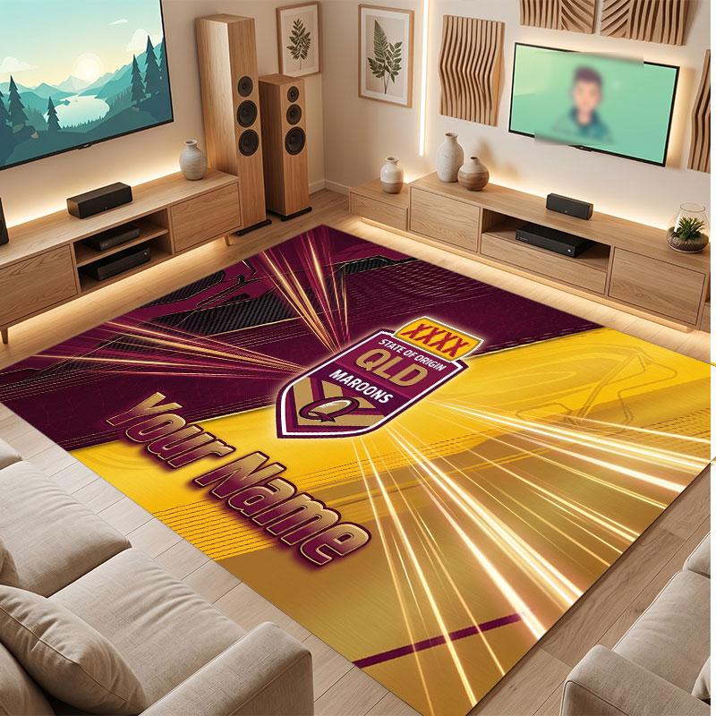 Personalisierter Kristall-Samt-Teppich der Queensland Maroons, Weicher Anti-Rutsch-Teppich mit individuellem Namens-Text für Wohnzimmer, Schlafzimmer