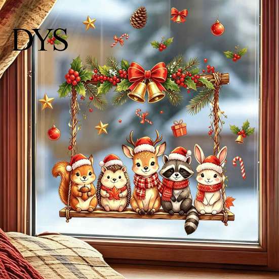 Christmas Window Clings Animals Decal, Static Cling Removable Sticker, Waterproof PVC Cute Seasonal Art Deer Bunny on Swing Decal for Living