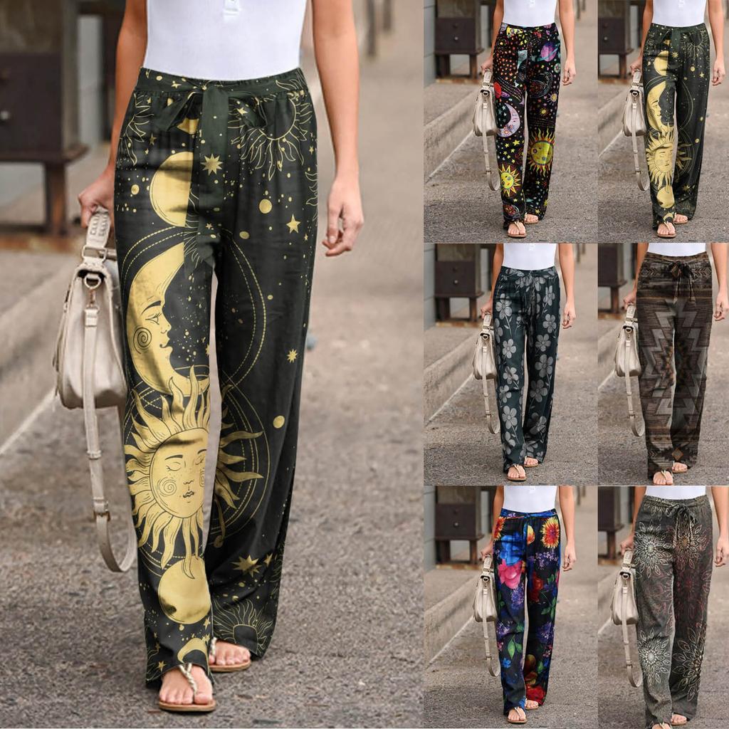 Women's Printing Wide Leg Pants Straight Type Casual Long Waistband Hugh High Waist Pants