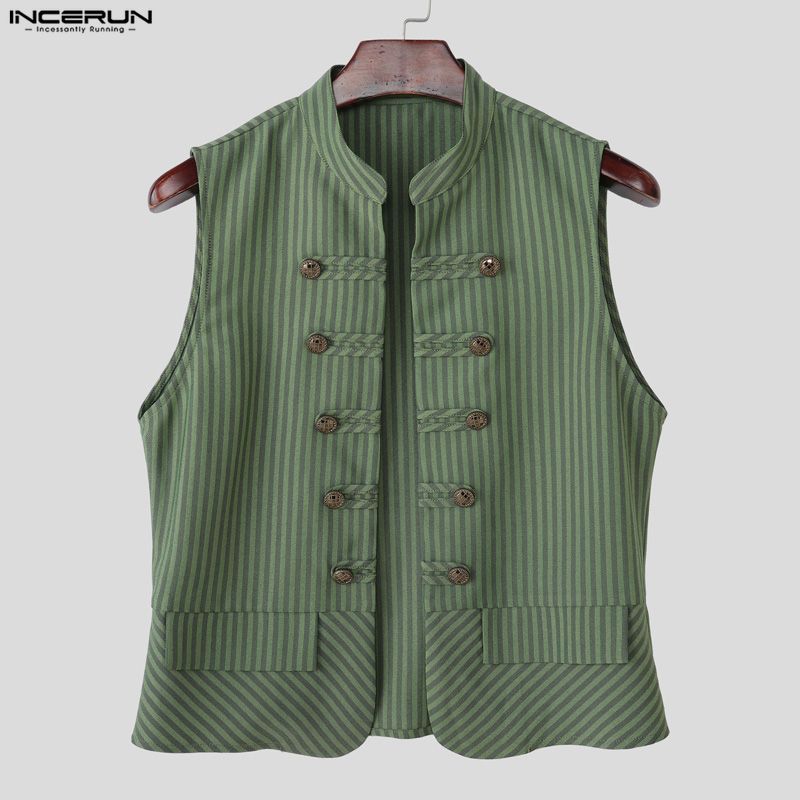 Striped Summer Incerun Men Sleeveless Open Front Casual Tank Tops Waistcoat Vests