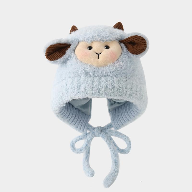 

Fashion Cute Cartoon Sheep Beanie Bonnet Windproof Double Pompom Knitted Hat Warm Cold Proof Pullover Hat Winter синий