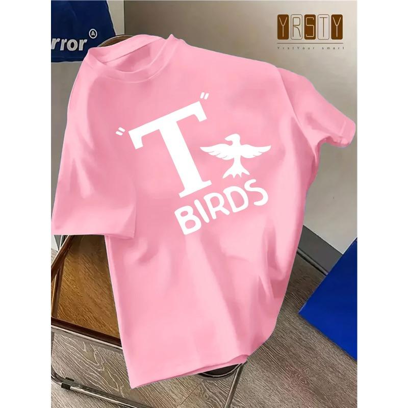 European Sizes Vintage T-Shirt with T-Birds Classic Pattern - Trendy Short Sleeve Casual Top, Regular Fit, Crew Neck, Summer Style