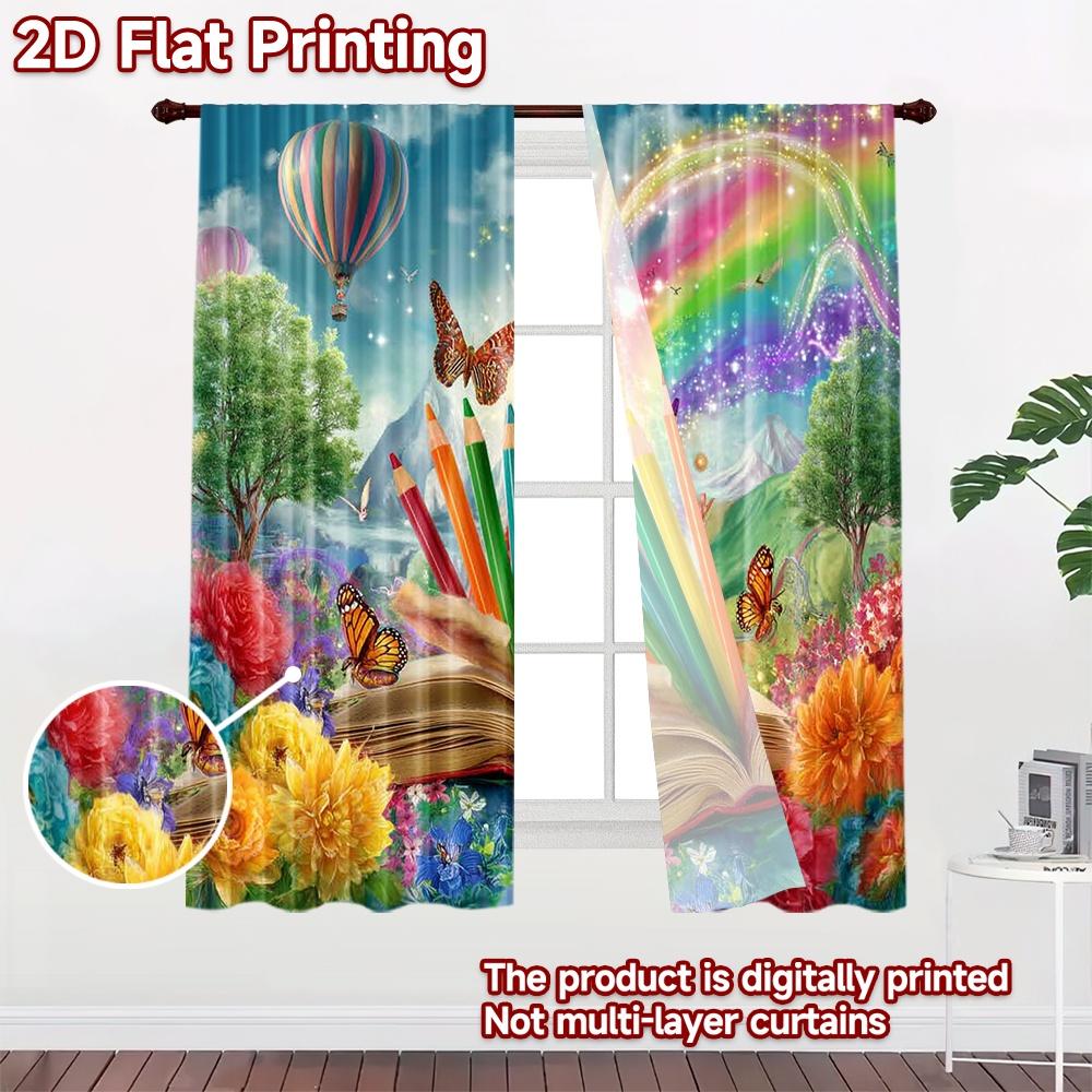 2D flat printing 2pcs Drapes Colorful Book Nature Fantasy Digital Printed Polyester Drapes Festive Holiday Use for Indoor