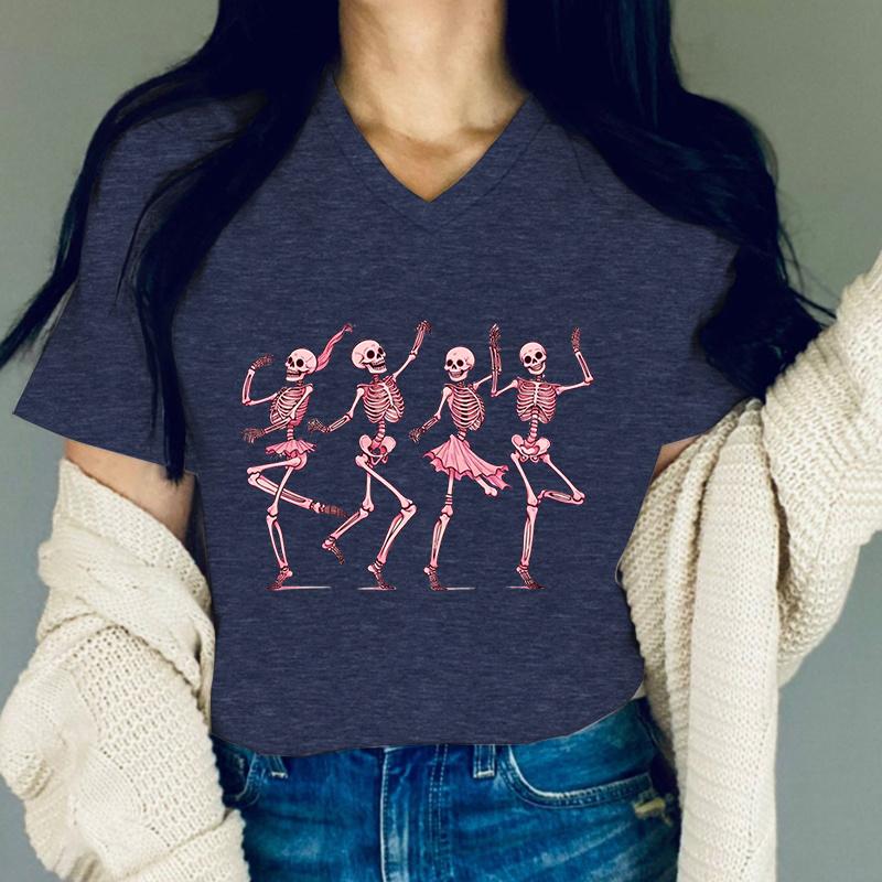 Dancing Skeletons Halloween Women Tshirts Round Neck Pink Skeleton Print Funny Women Clothing Cute Skeletons Halloween TShirt