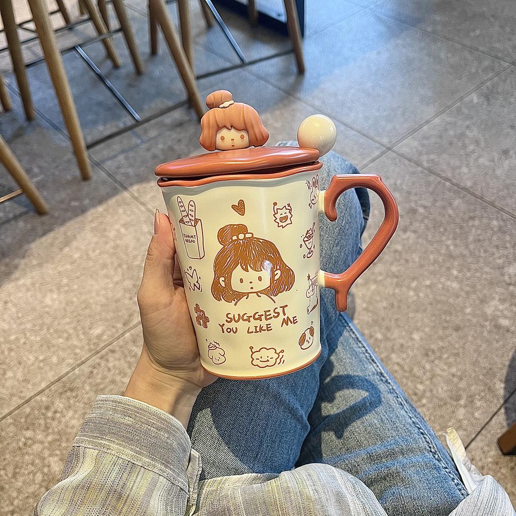Cute Graffiti Ceramic Cup Couple Mug With Lid Spoon Household Drinking Cup Niche Design Breakfast Cup