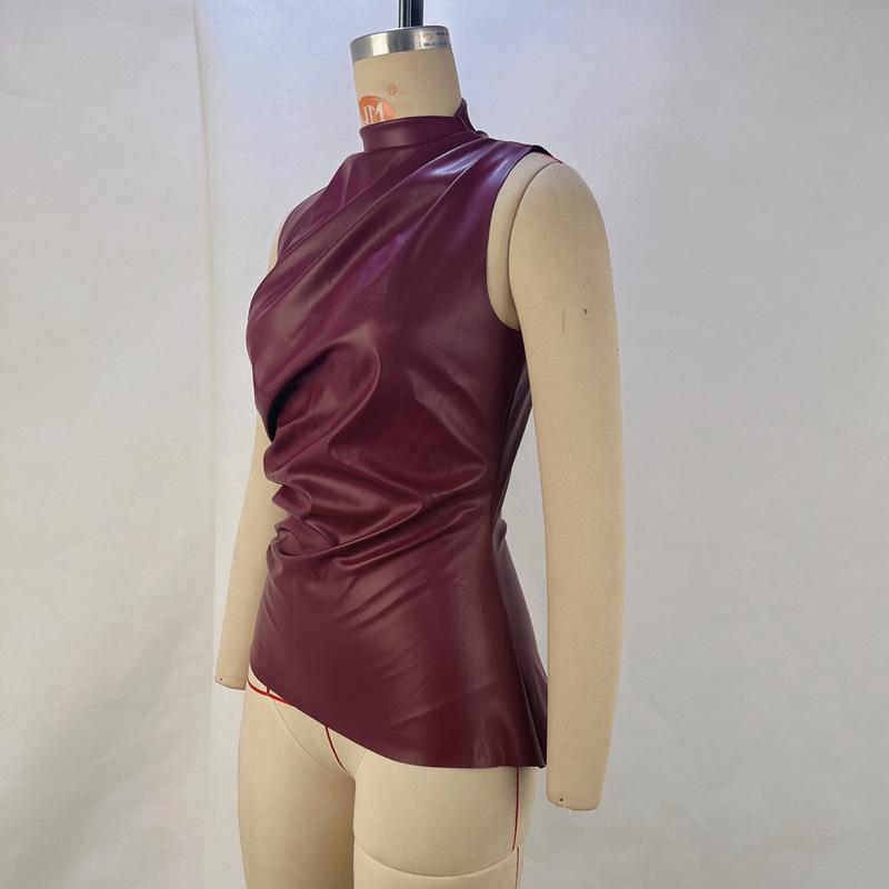 Europäischer & Amerikanischer Stil Damen Leder Wasserfallausschnitt Taillenbetont Asymmetrisches Ärmelloses Top