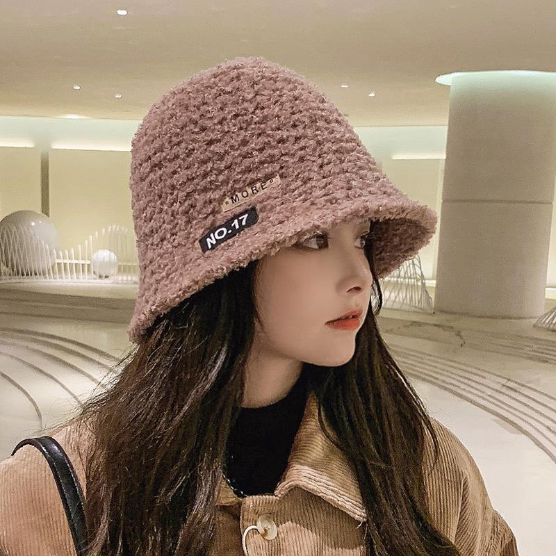 Bucket hat women's autumn and winter fashion versatile basin hat lamb wool suitable for round face bucket hat shows small face
