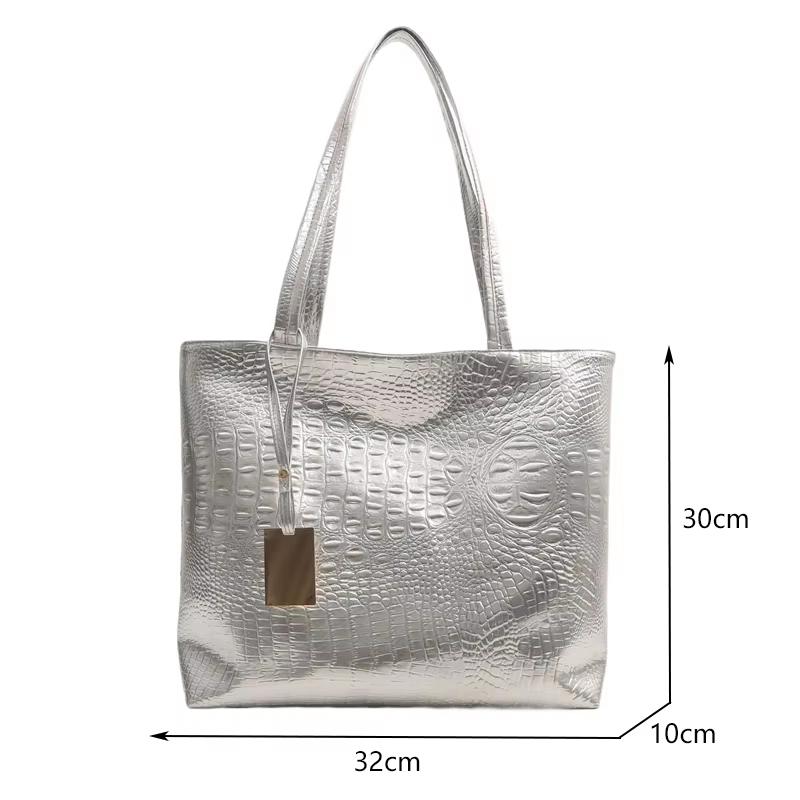 Bolso de Mano Grande Casual de Moda para Mujer, Bolso de Hombro Brillante Metálico con Relieve de Cocodrilo para Compras Diarias de Damas