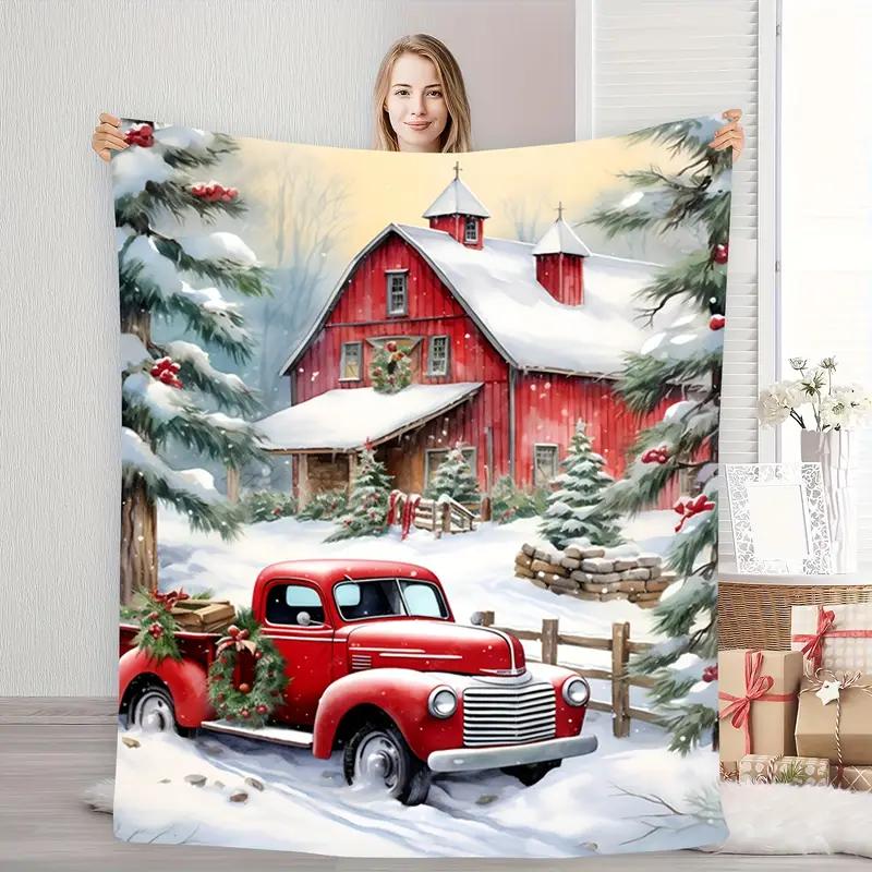 Escena de nieve navideña Regalo de camioneta roja Manta de franela Decoracin navideña clida, regalo de Navidad, cama Size: 75*100cm, Weight: 230 GSM