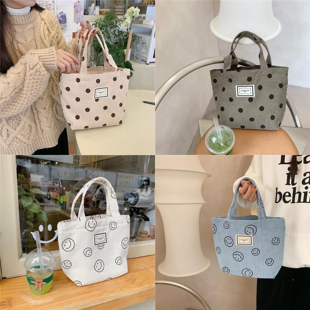 Vintage Corduroy Polka Dot Tote Bag For Women Soft Handle Cute Lunch Bag