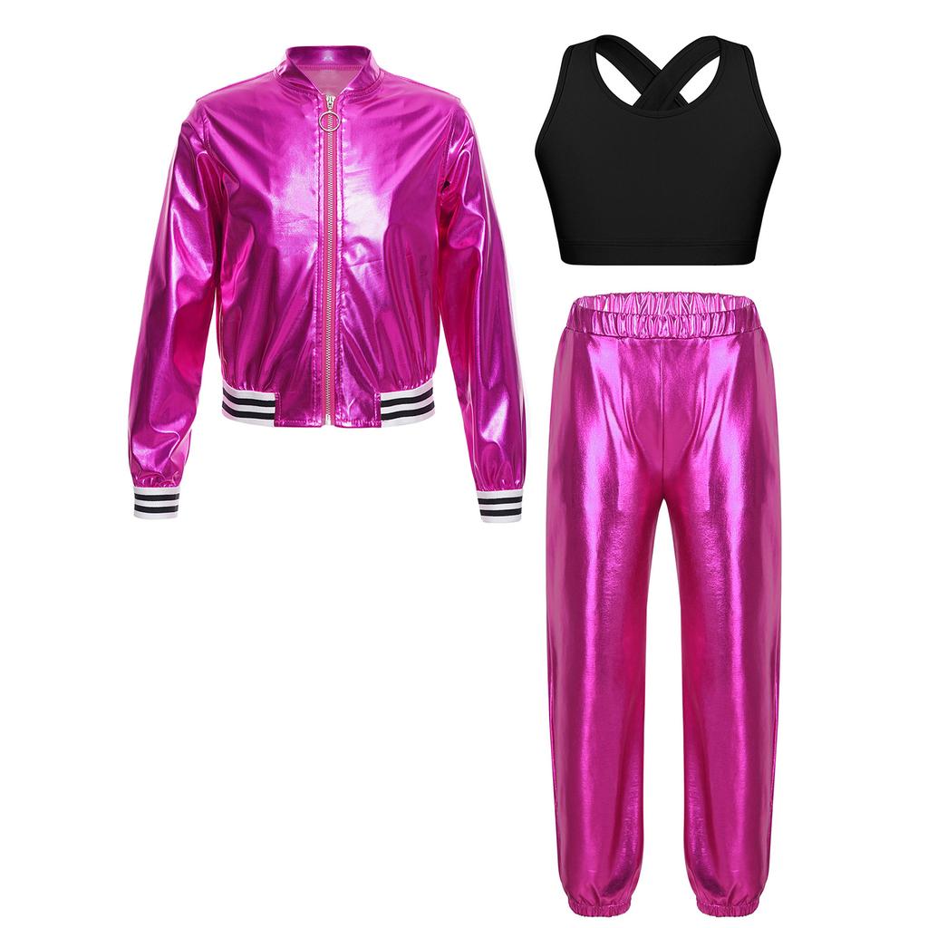 Girls Cross Back Vest Set Sleeveless Keyhole Long Sleeve Jacket Zipper Pants Hip Hop Dance Costume