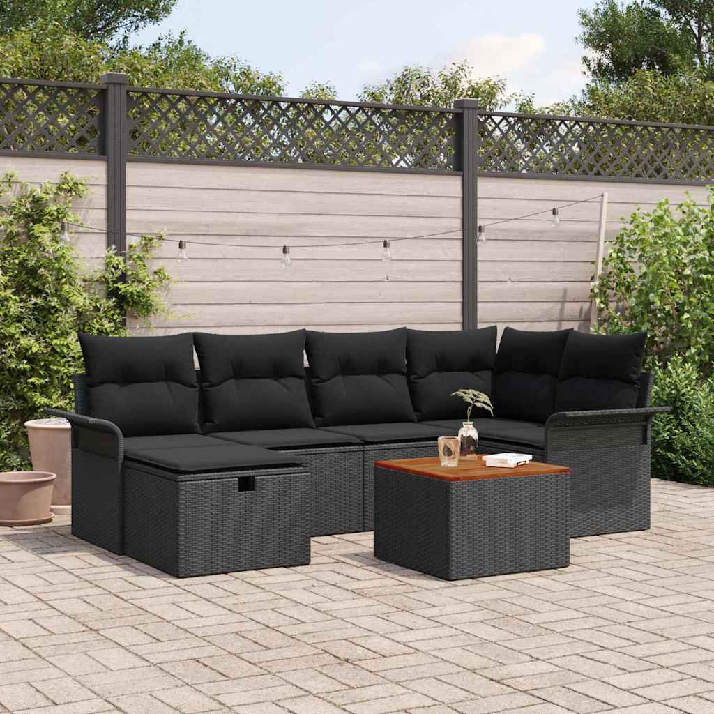 7 Piece Garden Sofa Set with Cushions Black Poly Rattan