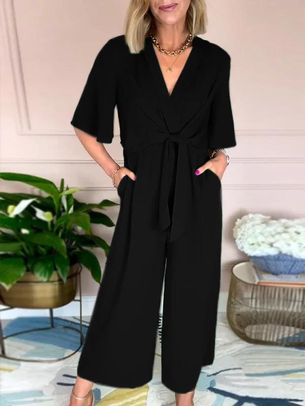 

Women s V-Neck Lace-Up Short Sleeve Jumpsuit - Stylish Solid Color for Spring/Summer S чорний