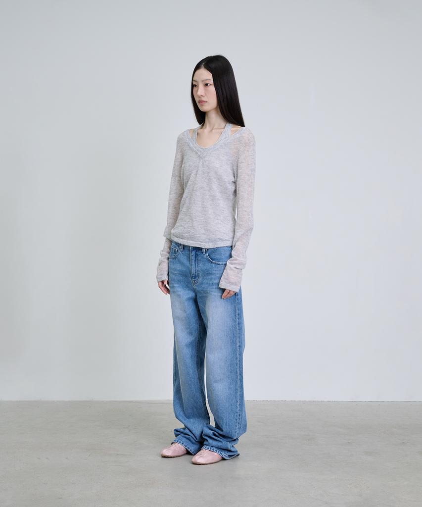 Deoaeteus Mohair Wool Sheer Layered Knit Set_Melange Gray