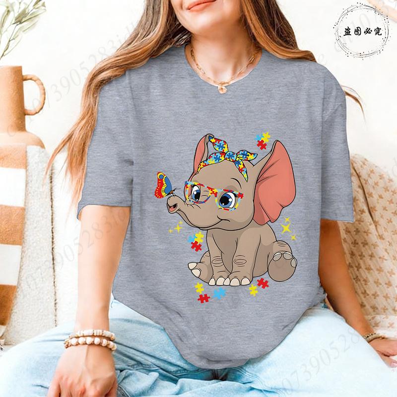 Unisex's Autism Awareness T-shirts: Cute Elephant Puzzle Graphic Tops Walking A Different Path Short Sleeve Autism Support Tees