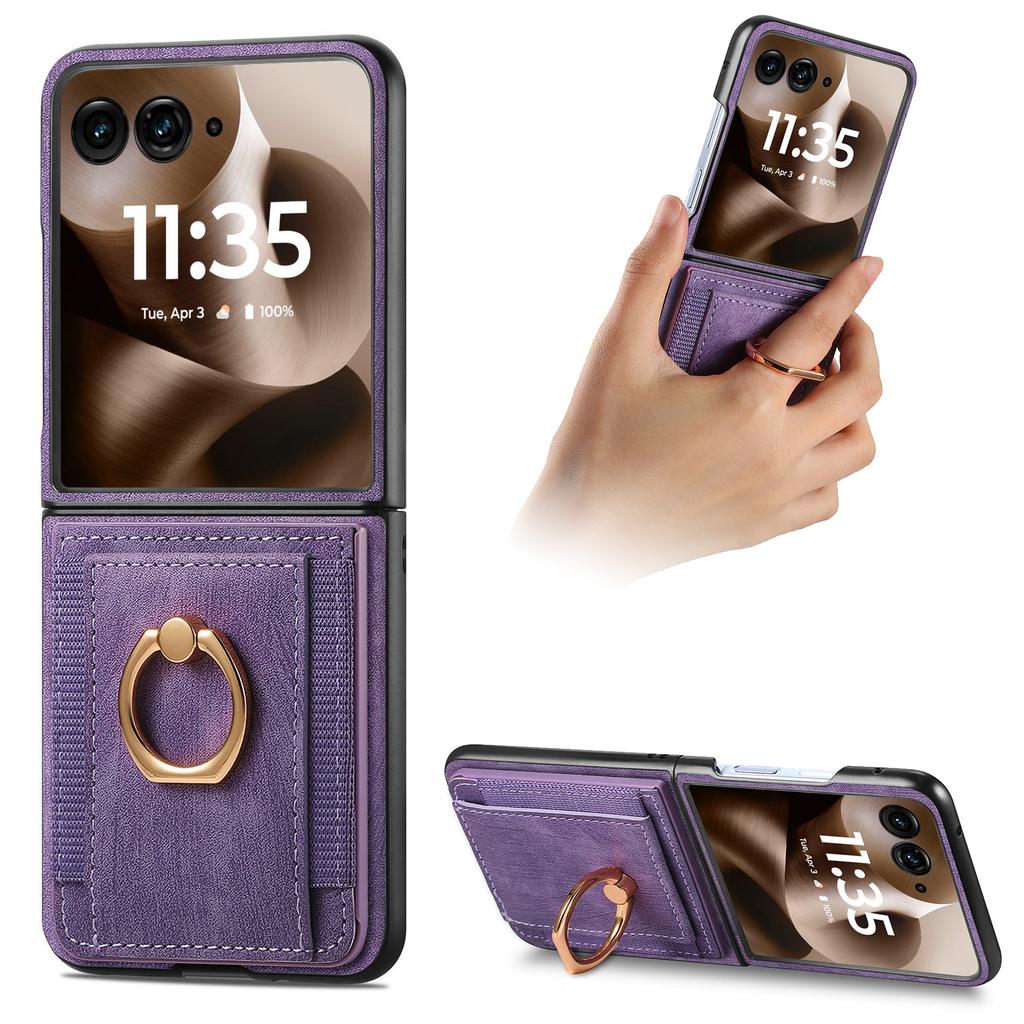 For Motorola Razr 60 Ultra 5G Case Card Holder Retro Leather + PC Phone Cover with Ring Kickstand