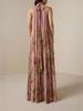 Elegant European and American High Neck Tie-up Print Loose Holiday Dress