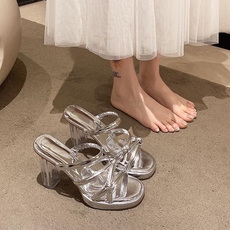 Crystal slippers women's outer wear 2025 summer new fairy with skirt transparent sandals thick heel open toe high heel sandals