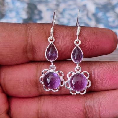 Amethyst Round Pear Gemstone Earring, Handmade Designer Earring, Gift For Her, 925 Sterling Silver, Mom Gifts