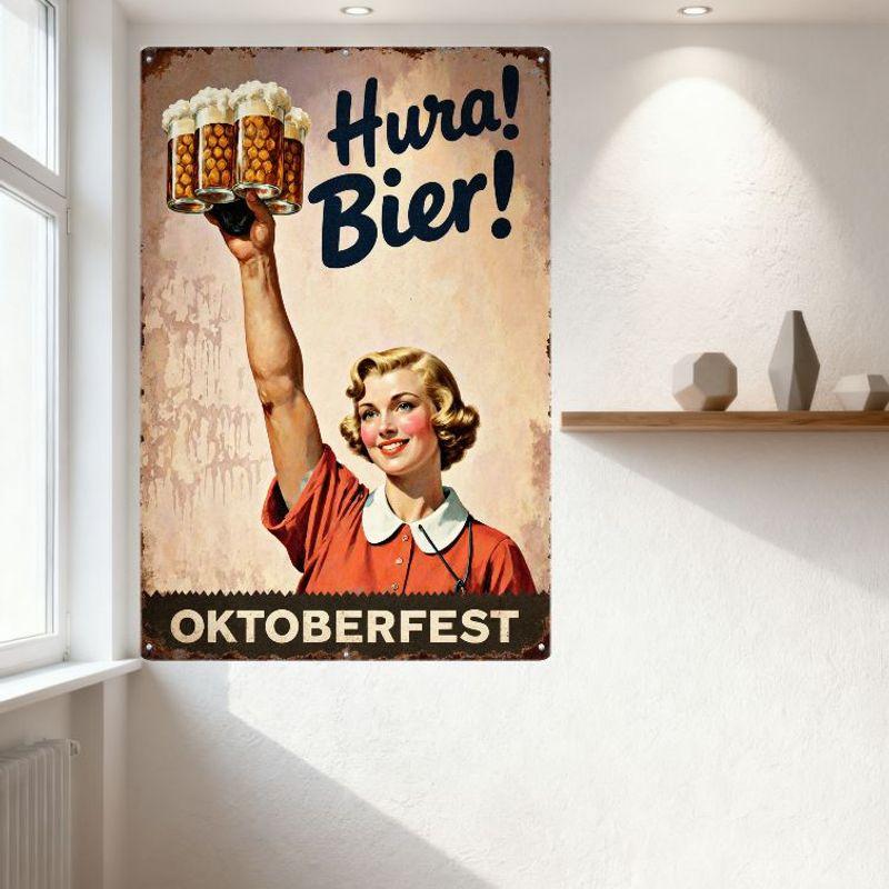 Vintage Oktoberfest Metal Tin Sign with Hura! Bier! Text, Beer Mug Waitress Design for Bar Cafe Man Cave Home Decor
