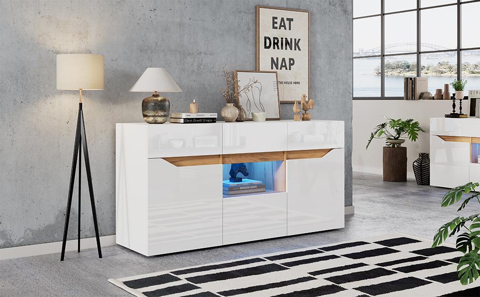 140*40*70cm Wohnzimmer Sideboard mit 4 Schubladen, Schrank mit zwei Fächern, Hochglanz Sofa Beistellschrank mit LED-Beleuchtung, Weiß + Holzfarbe