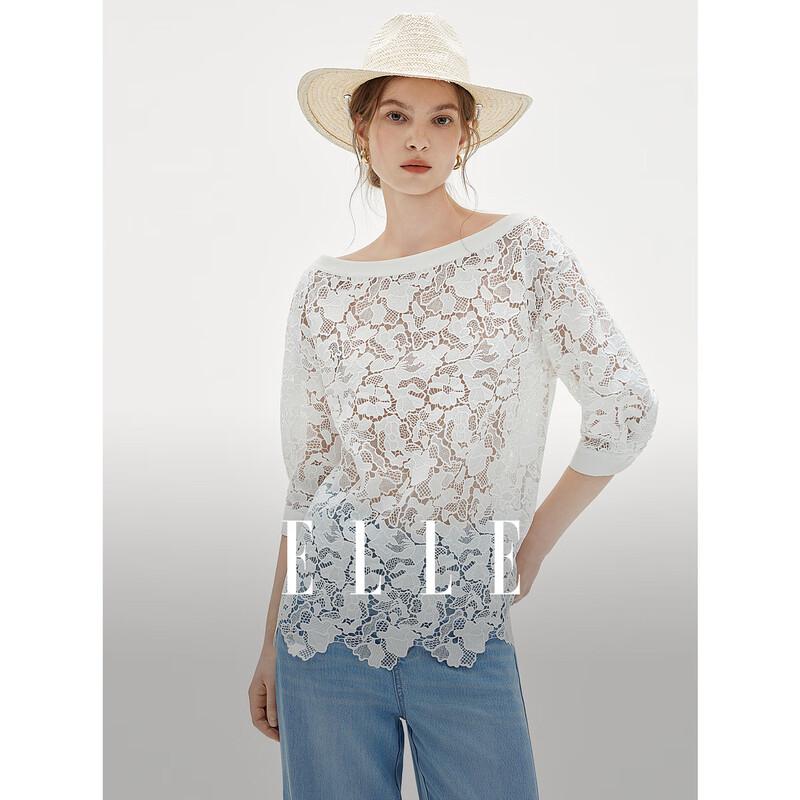 ELLE Lace Textured Off-Shoulder Short Sleeve Blouse M