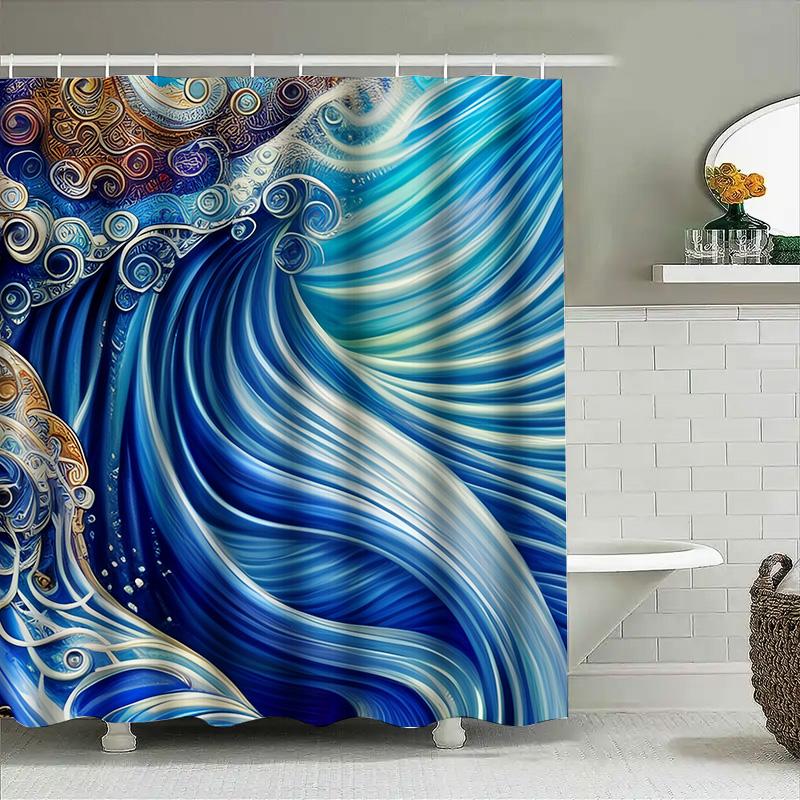 Blue Ocean Waves Print Shower Curtain Waterproof Home Decor Bathroom Accessory Set Extra Long Size 72X84 Inches For $19.05 At Al