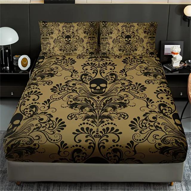 Skull Floral Design 3-Piece Bed Sheet Set - 100% Polyester, Digital Print, Breathable All-Season Fitted Sheet and Pillowcase Set