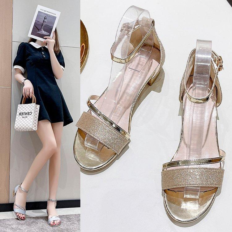 Foreign trade large size 2025 summer Rome one-word buckle casual thick heel sandals versatile rhinestone dew rhinestone decoration