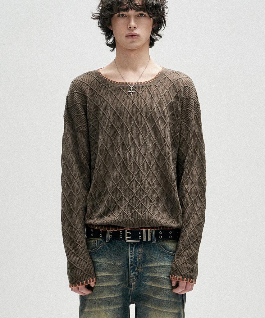 NOT4NERD Distressed Contrast Hand Stitch Knit - Khaki