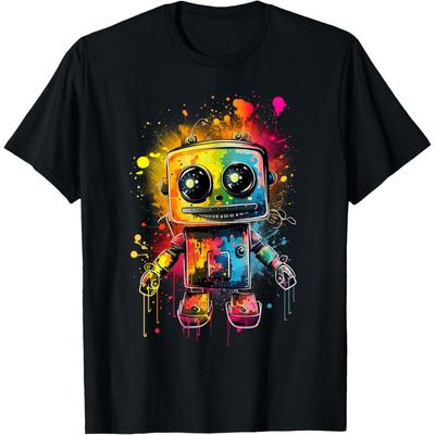 Funny Robot Design Robotics Bot Lovers Paint Splatter Style T-Shirt(3)