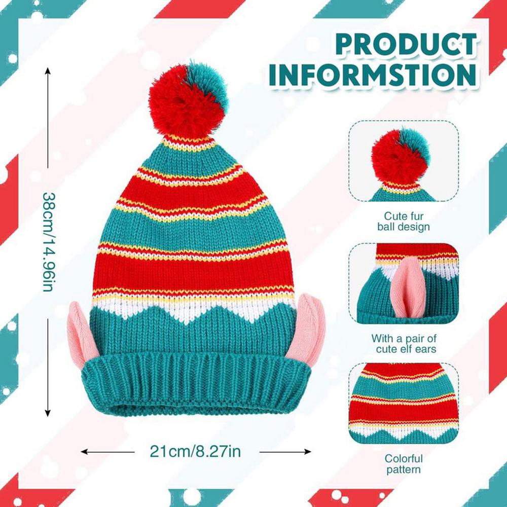 Knit Winter Hat Christmas Ski Hat With Ball And Ears Windproof Holiday Headwear Warm Cozy Beanie For Outdoor Activities