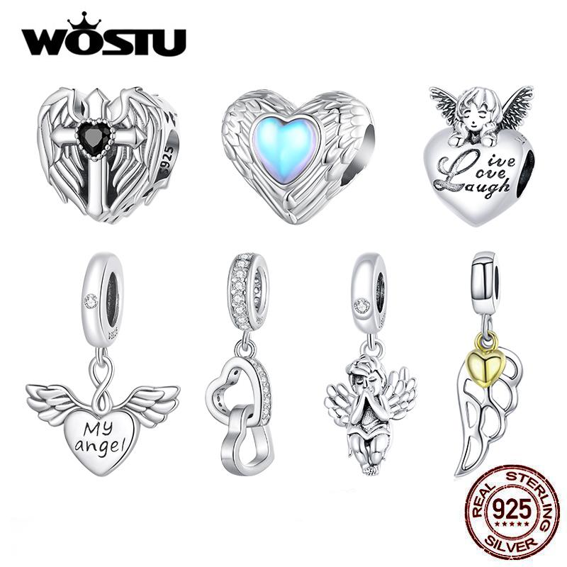 WOSTU 925 Sterling Silver Rainbow Moonstone Beads Heart Charms Angel Guard Pendant Fit Original Bracelet DIY Neckalce