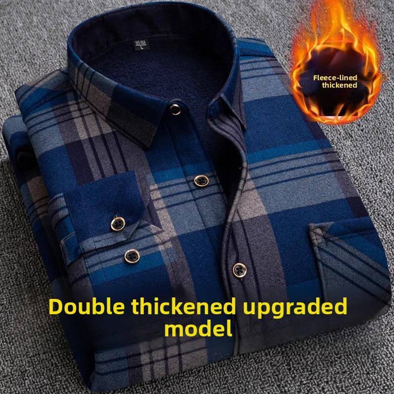 Men's Thickened Fleece Lined Long Sleeve Shirt Warm Slim Fit Plaid Casual Fashion Winter Shirt No Ironing Required Male Apparel