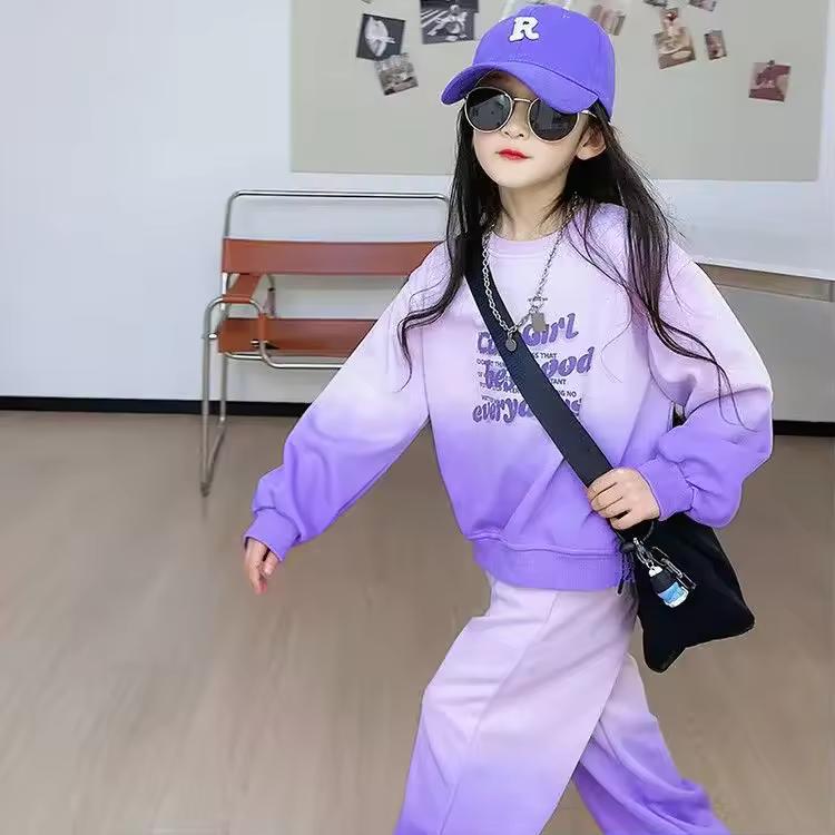 Spring Autumn Girls Kids Tracksuit Children Set Cloth Loose Gradient Sweatshirt Hooded + Wide Leg Pant Suit Teens 4 8 10 12 Year
