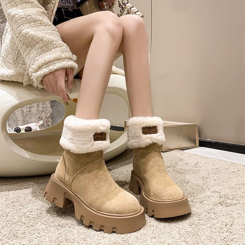 2025 New Thick-soled Heightening Snow Boots Women's Winter Plush Warm Retro Thick Heel Pile Fur Collar Short Boots
