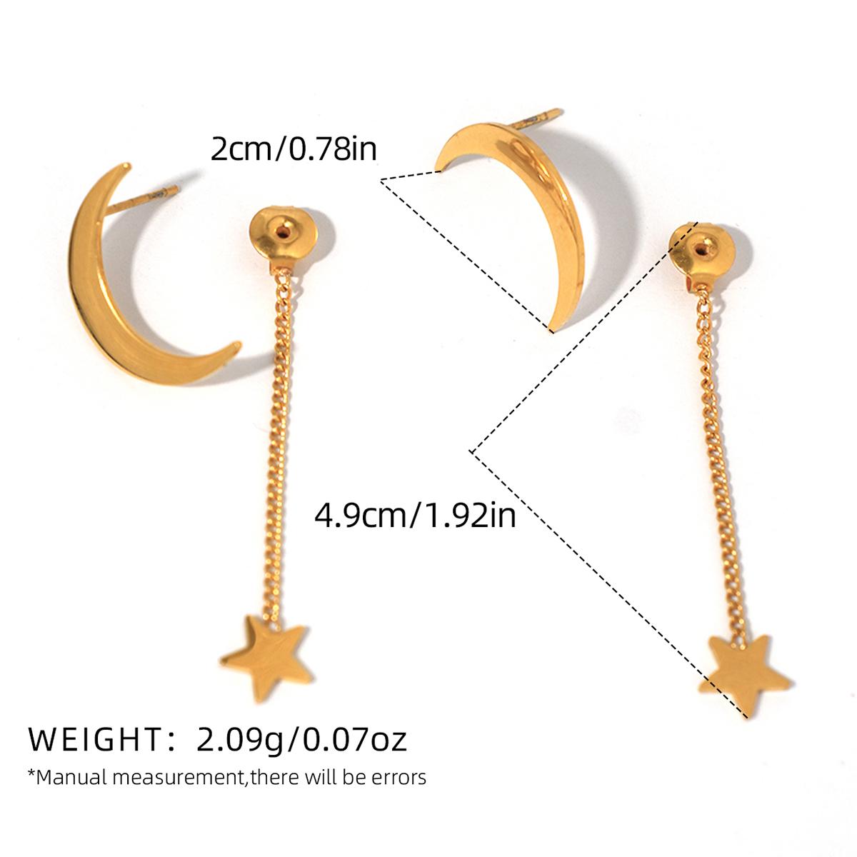 Vintage Stainless steel 18K Gold Plated Pendant Metal Dangle Earrings with Long Chain Ear Clip for Women Star Moon Zircon