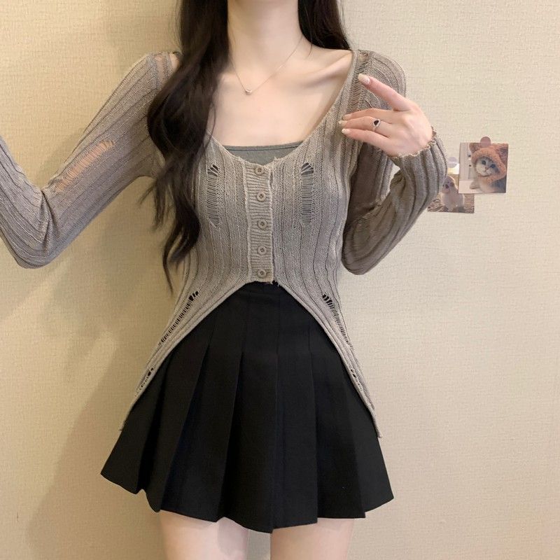 Gray Ripped Split Long Sleeve Knit Cardigan Women's Summer Thin Slightly See-Through Slim-Fitting Stylish Niche Top
