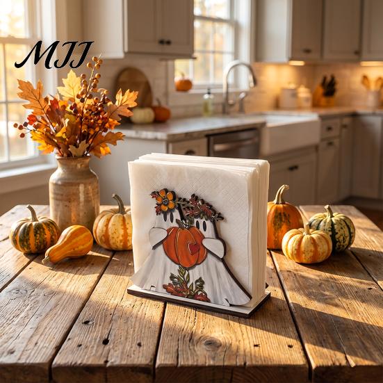 Rustic Kitchen Storage Halloween Wooden Napkin Holder, Ghost Black Cat Decorative Tabletop Tissue Countertop Organizer Dispenser, Paper Towel