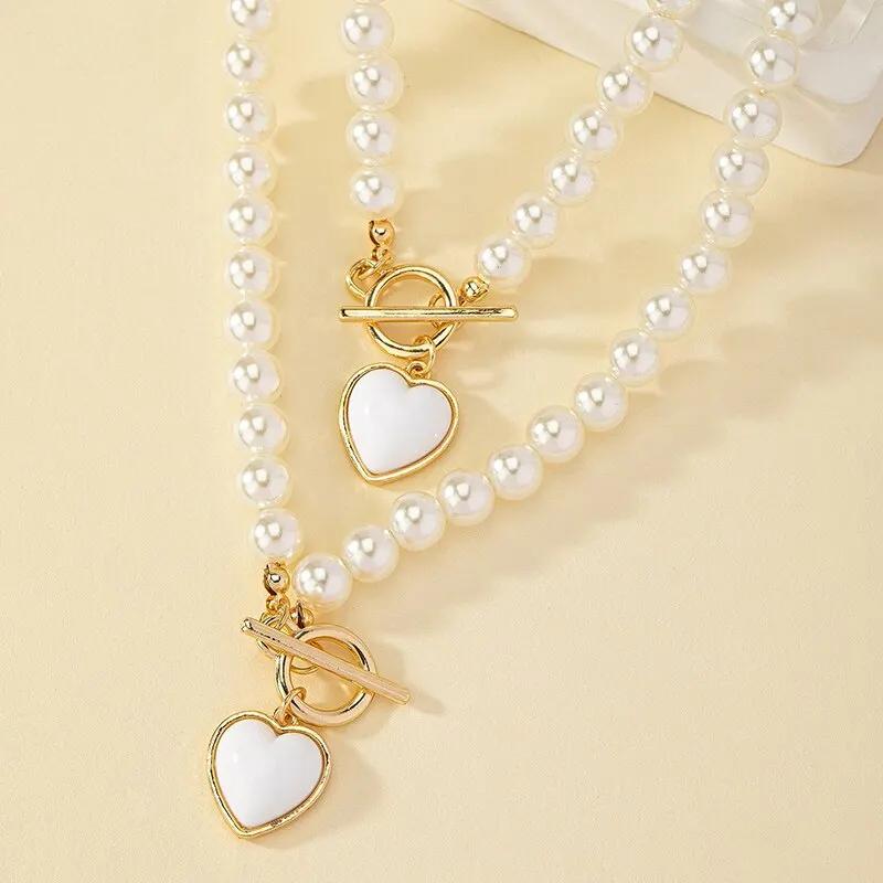 2PCS Immitation Pearl Necklace Bracelet Jewelry Set Elegant Love Pearl Color Pendant Natural Color Beads Collar for Girl Gifts