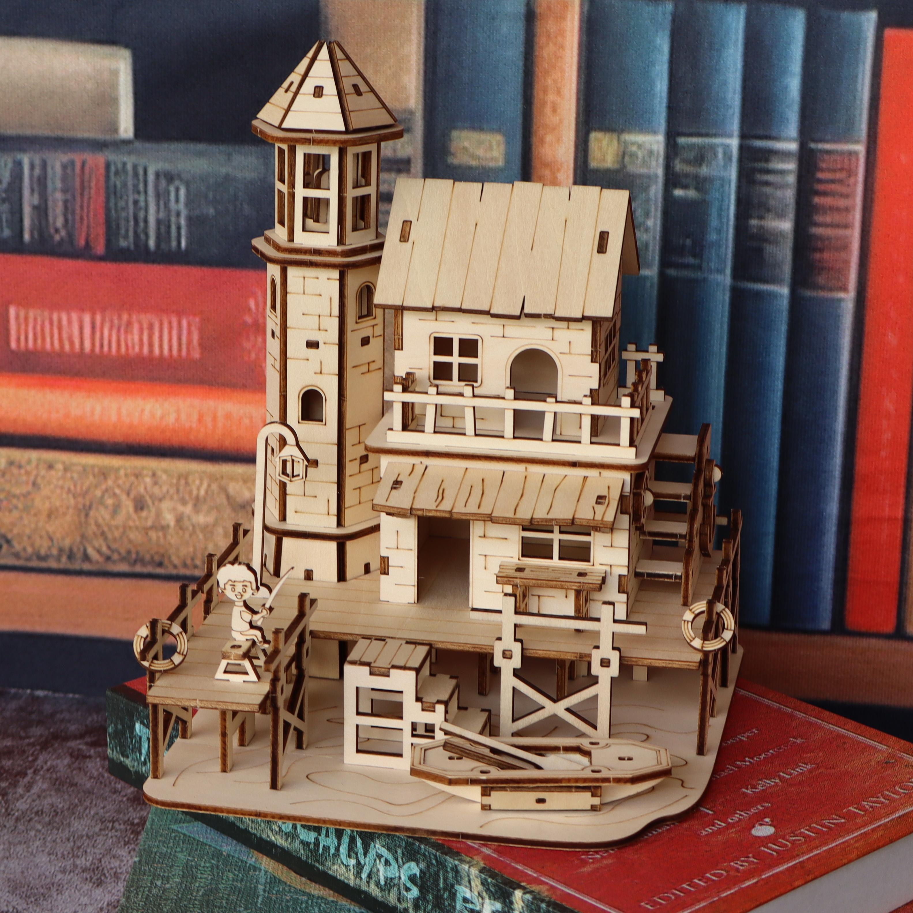 Fisherman s cabin wooden assembly model kit, handmade DIY 3D wooden puzzle fishing village building model