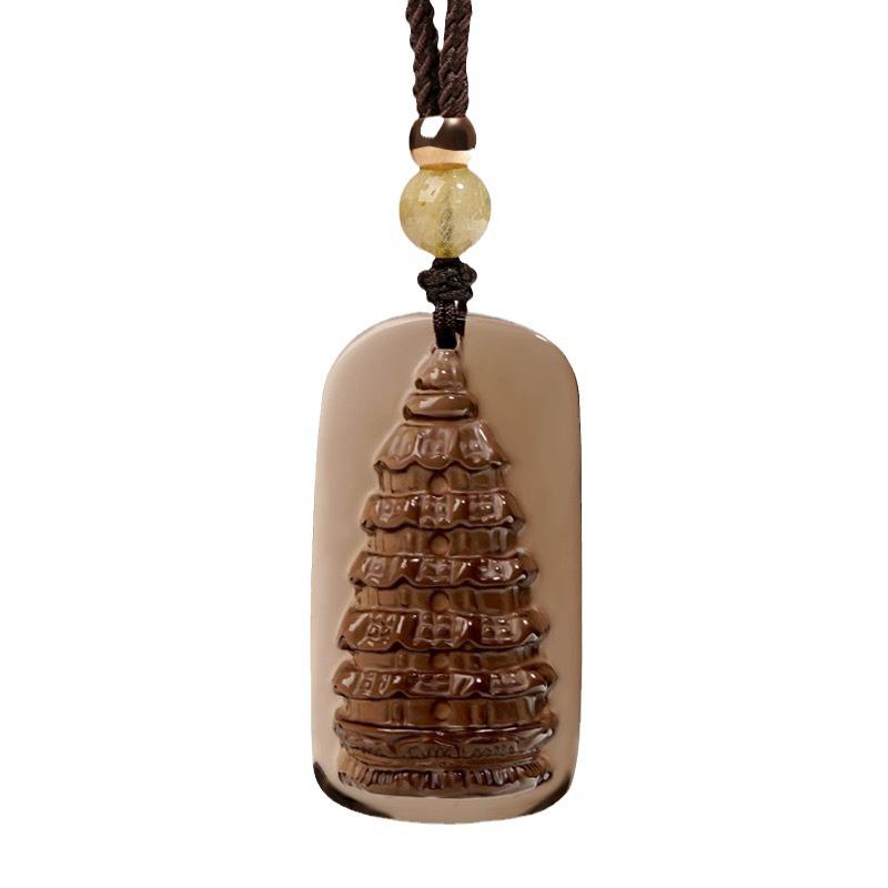 Natural Icy Obsidian Wenchang Tower Student Pendant Necklace