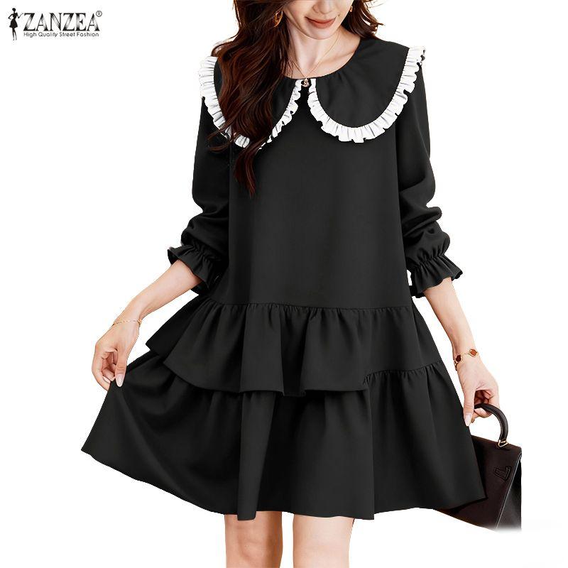 ZANZEA Women Casual Doll Collar Loose Long Sleeve Elegant Dress
