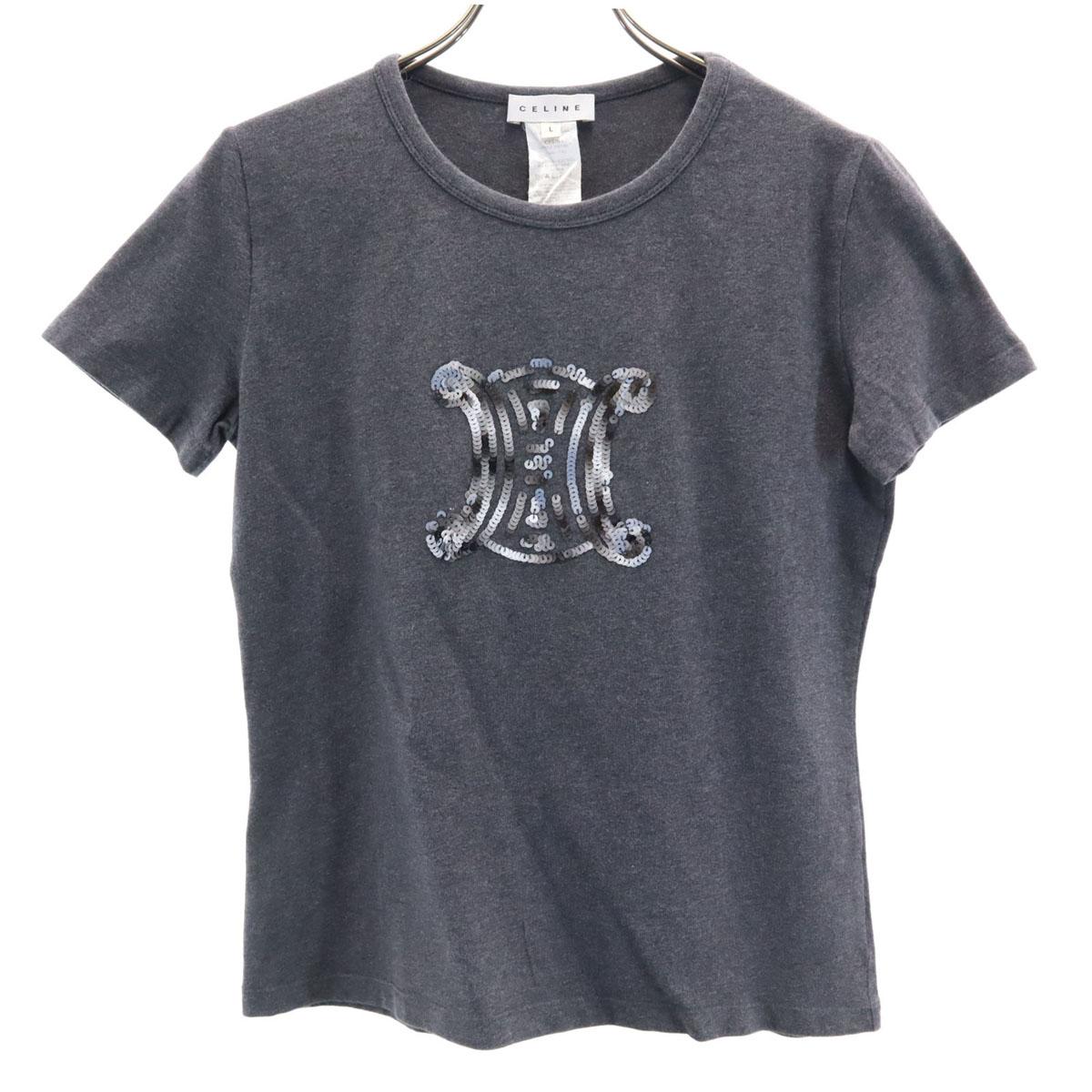 

CELINE Made in Portugal Sequin logo Short sleeve T-shirt L Charcoal gray Women Used
